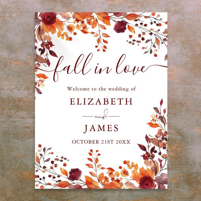 Burgundy Rustic Fall In Love Mariage Affiche de bi (Burgundy Rustic Fall In Love Wedding Welcome Sign)