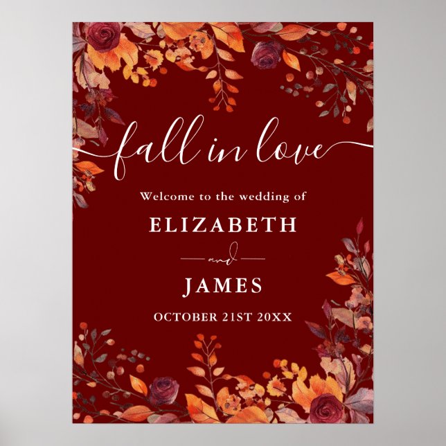 Burgundy Rustic Fall In Love Wedding Welcome Sign Poster (Vorne)