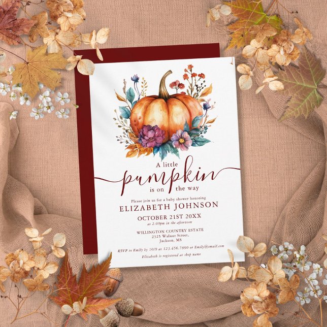 Burgundy Rustic Fall Little Pumpkin Baby Dusche Einladung (Burgundy Rustic Fall Little Pumpkin Baby Shower Invitation)