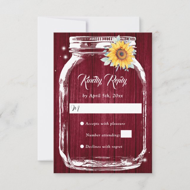 Burgundy Rustic Mason Jar Sonnenblume Hochzeit RSVP Karte (Vorderseite)