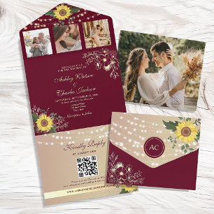 Burgundy Rustic Sonnenblume Hochzeit All In One Einladung