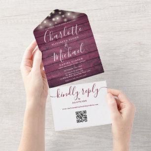 Burgundy Rustic String Lights QR Code Wedding All In One Einladung