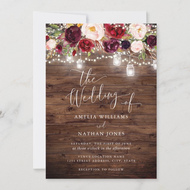 Burgundy Rustic Wood Floral Lights Hochzeit Einladung (Vorderseite)