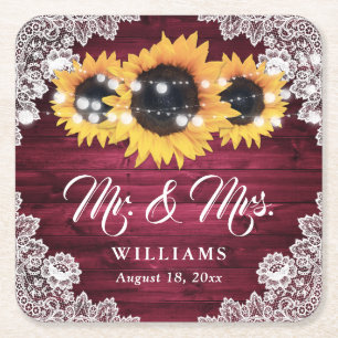 Burgundy Rustic Wood Lace Sunflower Wedding Rechteckiger Pappuntersetzer