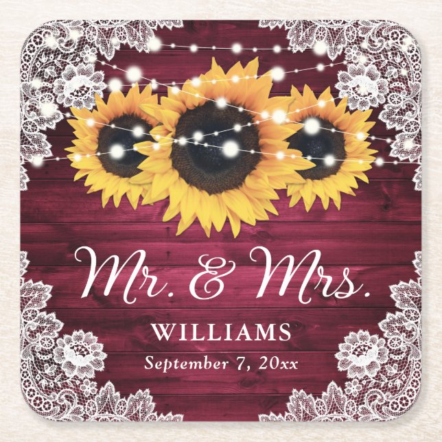 Burgundy Rustic Wood Lace Sunflower Wedding Rechteckiger Pappuntersetzer (Vorderseite)