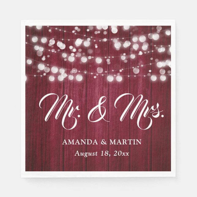 Burgundy Rustic Wood String Lights Mr and Mrs Serviette (Vorderseite)