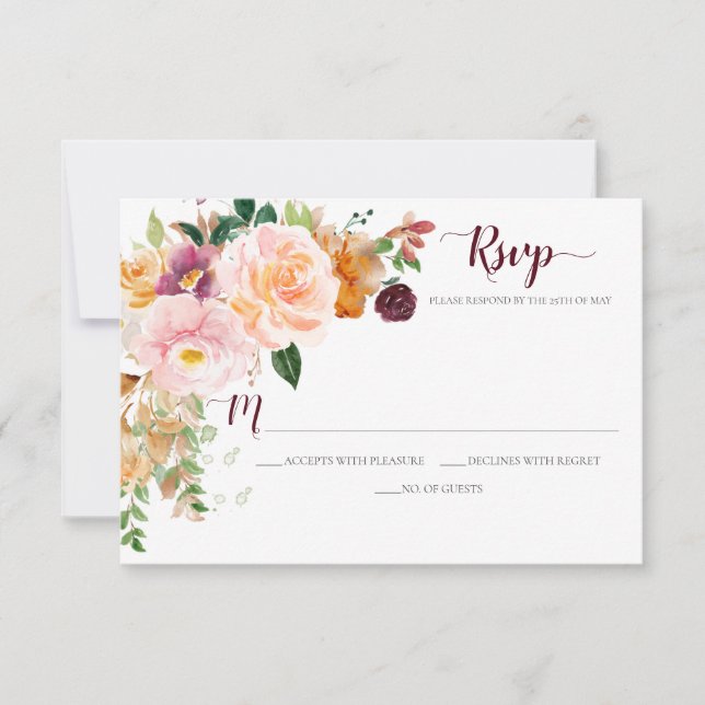 Burgundy Saffron Blush Mauve Corner Bouquet RSVP Karte (Vorderseite)