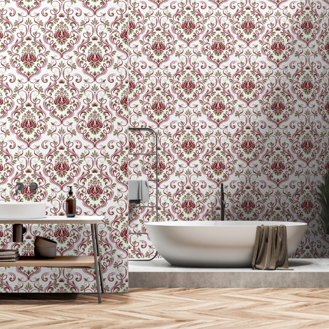 Burgundy Sage Green Damask Blumenschale und Stock Tapete (Badezimmer)