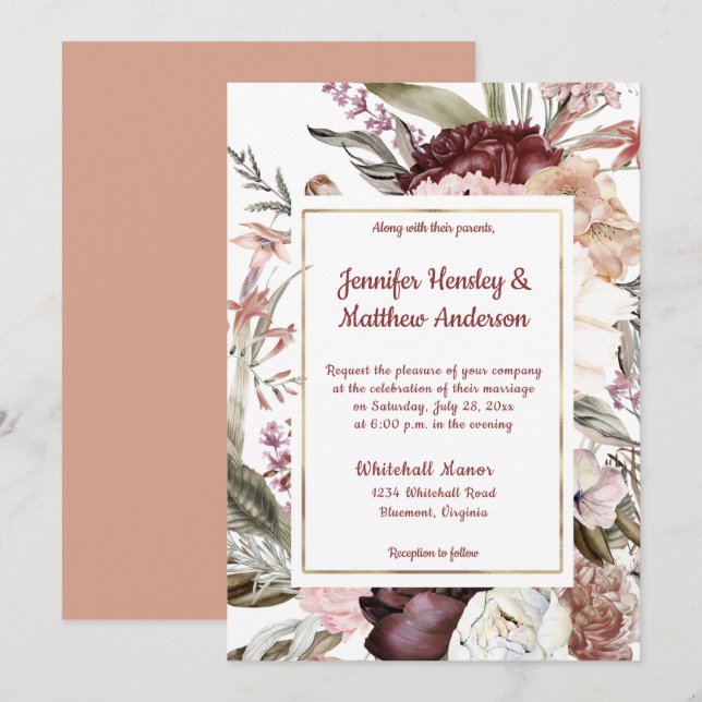 Burgundy Sandy Peach Dusty Rose Floral Wedding Einladung (Vorne/Hinten)