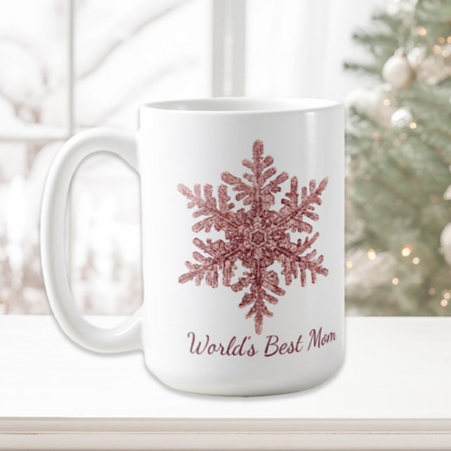 Burgundy-Schneeflocke der Welt mit der besten Mama Kaffeetasse (Rose gold Christmas snowflake "World's Best Mom" coffee/cocoa mug)