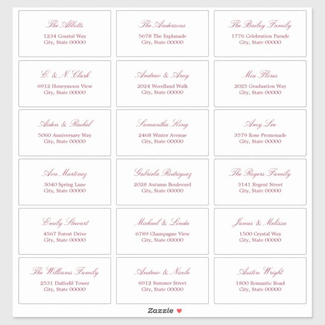 Burgundy Script 18 Étiquettes de adresse invités (Feuille)