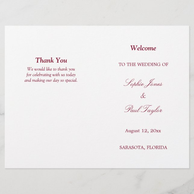 Burgundy Script Bi-Fold Wedding Programme (Devant)