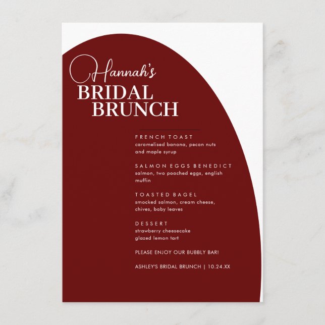 Burgundy Script Minimal Bridal Brunch Menü Menükarte (Vorderseite)