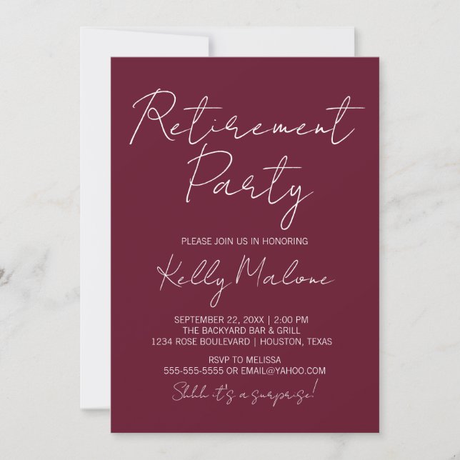 Burgundy Script Retirement Party Einladung (Vorderseite)