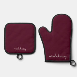 Burgundy Script | Stilvolle Monogram modern Ofenhandschuh & Topflappen-Set