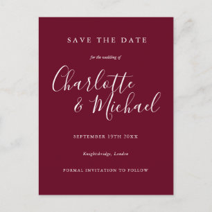 Burgundy Script Wedding Enregistrer la carte Date