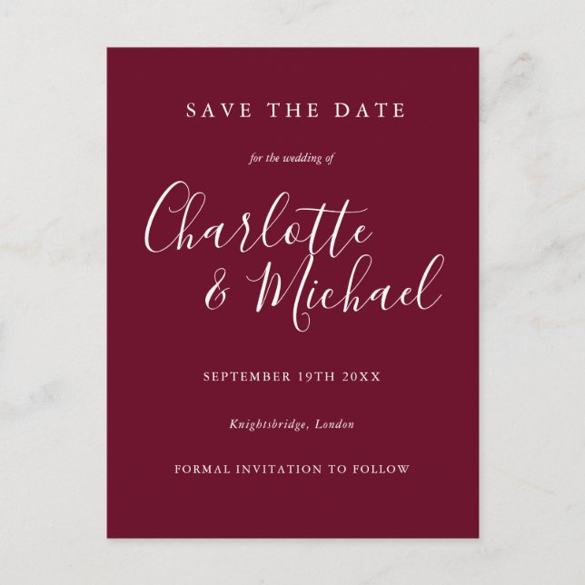 Burgundy Script Wedding Enregistrer la carte Date (Devant)