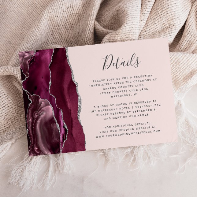 Burgundy Silver Agate Blush Pink Wedding Details Begleitkarte (Von Creator hochgeladen)