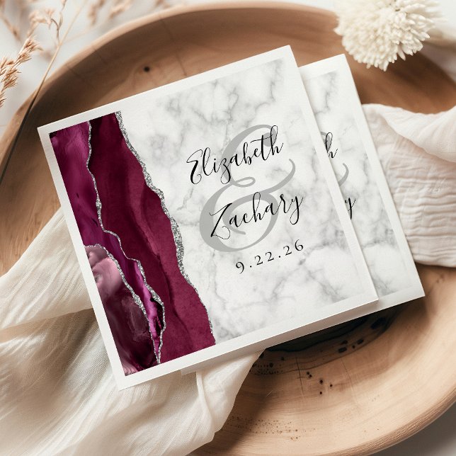 Burgundy Silver Agate Marble Wedding Napkins Serviette (Von Creator hochgeladen)