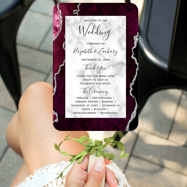Burgundy Silver Agate Marble Wedding Program Fächer (Von Creator hochgeladen)