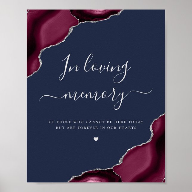 Burgundy Silver Agate Navy Blue Wedding Memorial Poster (Vorne)