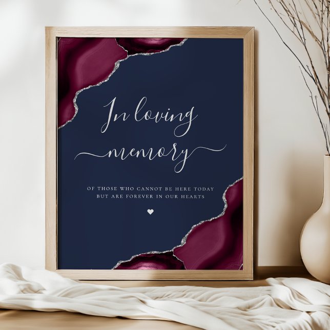 Burgundy Silver Agate Navy Blue Wedding Memorial Poster (Von Creator hochgeladen)