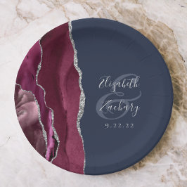 Burgundy Silver Agate Navy Blue Wedding Pappteller