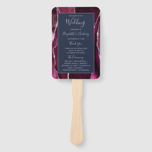 Burgundy Silver Agate Navy Blue Wedding Program Fächer (Vorderseite)