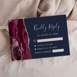 Burgundy Silver Agate Navy Blue Wedding RSVP Card Karte