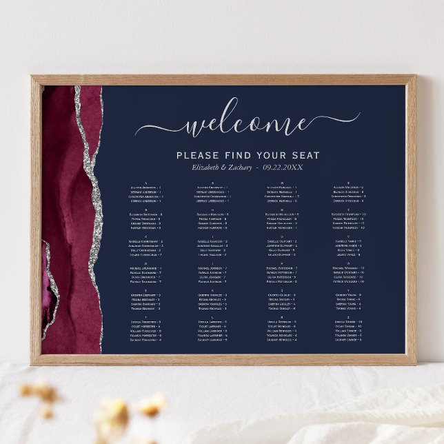 Burgundy Silver Agate Navy Blue Wedding Seating Poster (Von Creator hochgeladen)