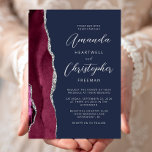 Burgundy Silver Agate Script Navy Blue Wedding Einladung<br><div class="desc">Der links Rand dieser eleganten,  modernen Hochzeitseinladung zeichnet sich durch eine bordeauxrote Aquarellgrenze aus,  die mit Imitaten aus silberem Glitzer bestickt ist. Der anpassbare Text kombiniert Skripte und serifenlose Schriftart in silbergrau auf marineblau Hintergrund. Auf der Rückseite ist ein passendes bordeauxfarbenes und silberfarbenes Design zu sehen.</div>