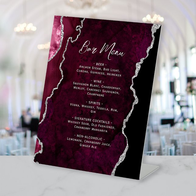 Burgundy Silver Agate Wedding Bar Menu Sockelschild (Von Creator hochgeladen)