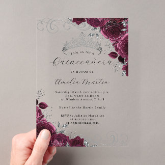 Burgundy Silver Clear Acrylic Floral Quinceanera Acryleinladungen