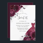 Burgundy Silver Dress & Floral Rose Sweet 16 Einladung<br><div class="desc">Burgundy Silver Dress & Floral Rose Sweet 16 Einladung Mehr elegante Blumenmotive in unserem Geschäft! Sehen Sie sich die passende Kollektion in unserem Shop an</div>