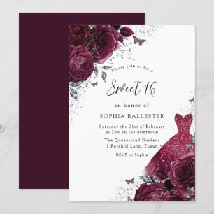 Burgundy Silver Dress & Floral Rose Sweet 16 Einladung
