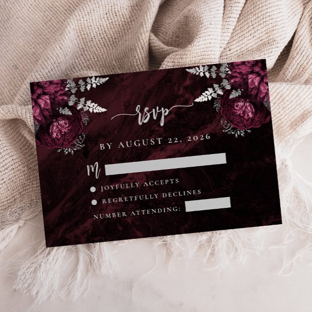 Burgundy Silver Floral Agate Script Wedding RSVP Begleitkarte (Von Creator hochgeladen)