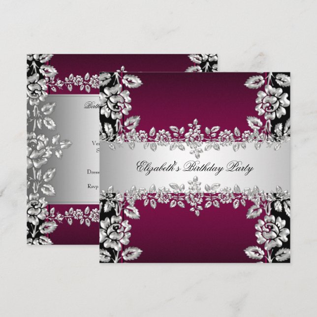 Burgundy Silver Floral Black Birthday Party Einladung (Vorne/Hinten)