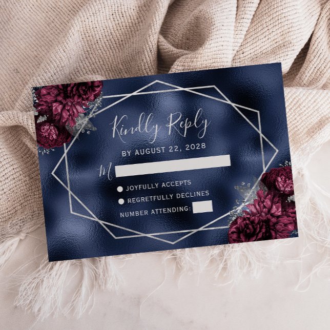 Burgundy Silver Floral Geometric Navy Foil RSVP Karte (Von Creator hochgeladen)