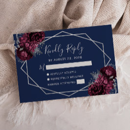 Burgundy Silver Floral Navy Blue RSVP Karte