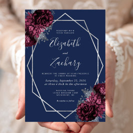 Burgundy Silver Floral Navy Blue Wedding Einladung