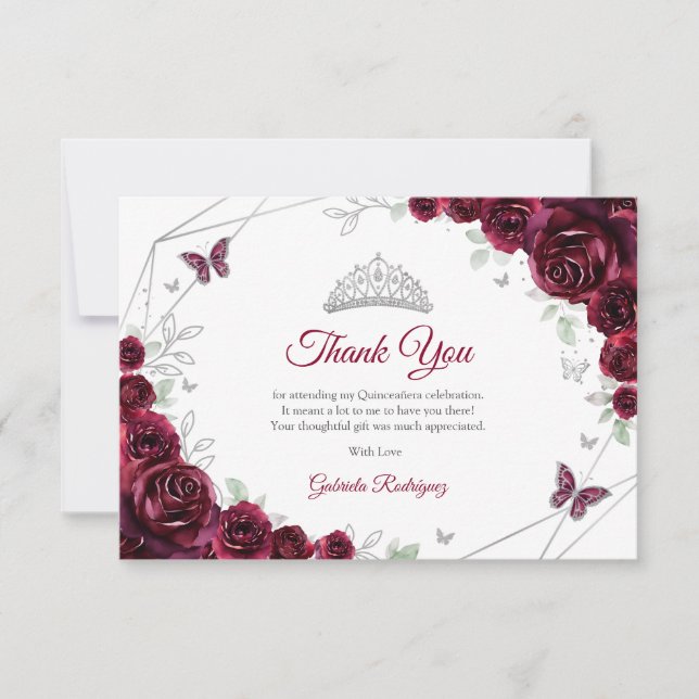 Burgundy Silver Floral Quinceanera Dankeskarte (Vorderseite)