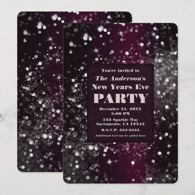 Burgundy Silver Glam Glitzer Silvester Party Einladung (Vorne/Hinten)
