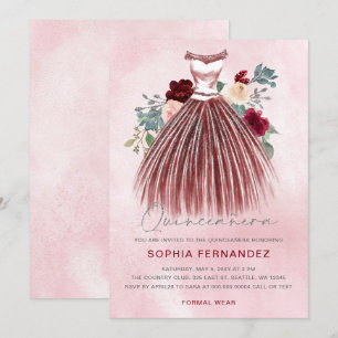 Burgundy Silver Glitzer Blumenkleid Quinceañera Einladung