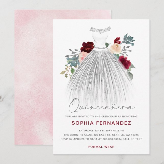 Burgundy Silver Glitzer Blumenkleid Quinceañera Einladung (Vorne/Hinten)