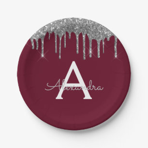 Burgundy Silver Glitzer Monogram Birthday Pappteller