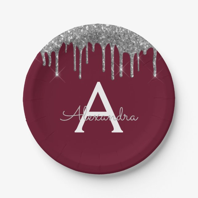 Burgundy Silver Glitzer Monogram Birthday Pappteller (Vorderseite)