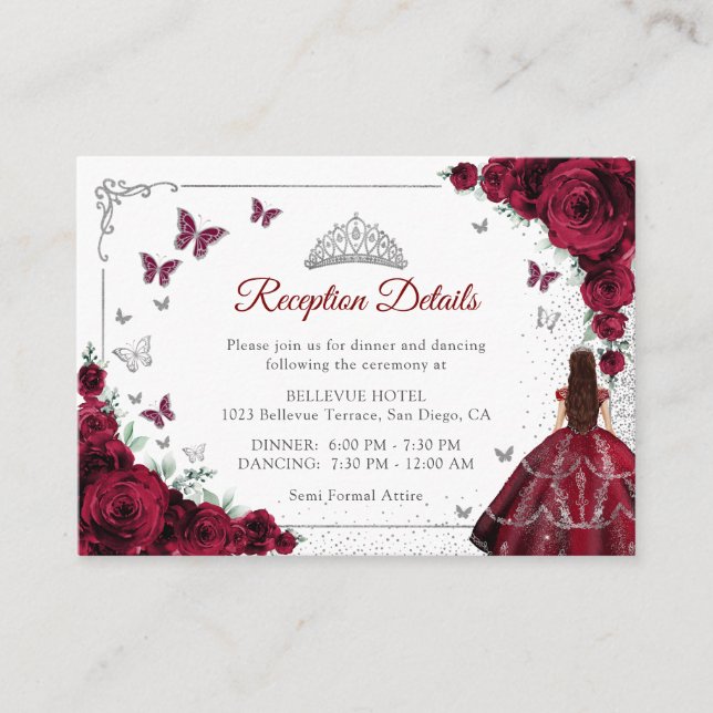 Burgundy Silver Quincenarea Reception Details Begleitkarte (Vorderseite)