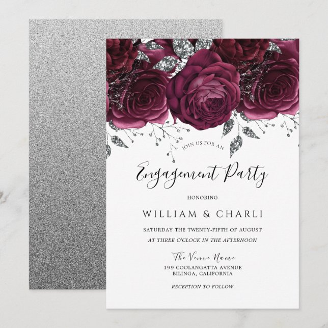 Burgundy & Silver Sparkle Engagement Party Einladung (Vorne/Hinten)