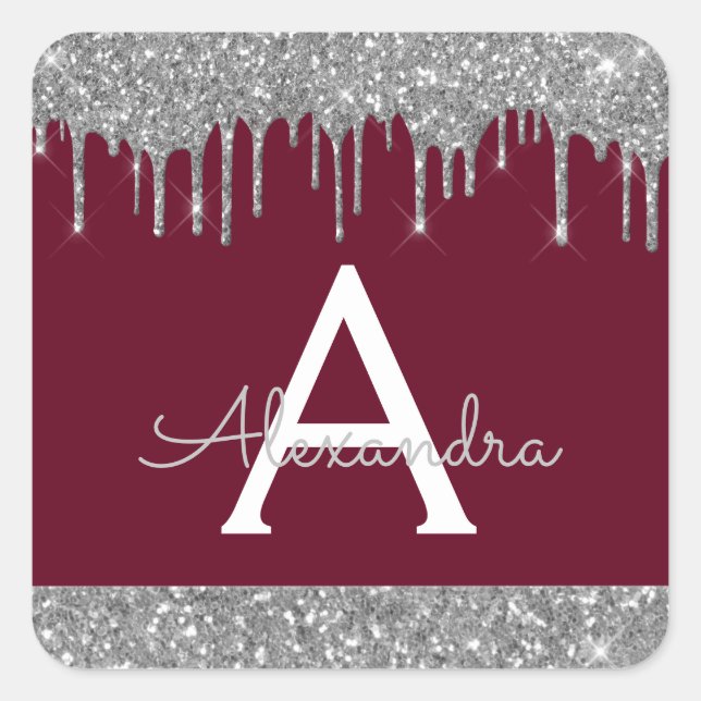 Burgundy Silver Sparkle Glitzer Monogram Quadratischer Aufkleber (Vorderseite)