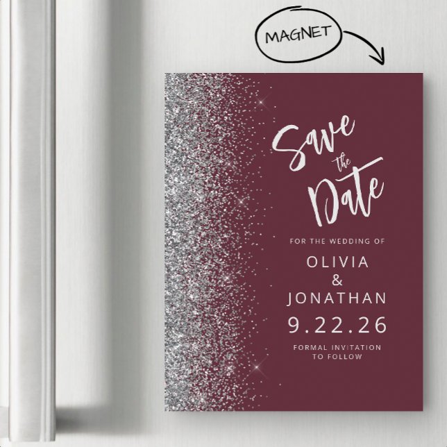 Burgundy Silver Wedding Save the Date Magneteinladung (Von Creator hochgeladen)